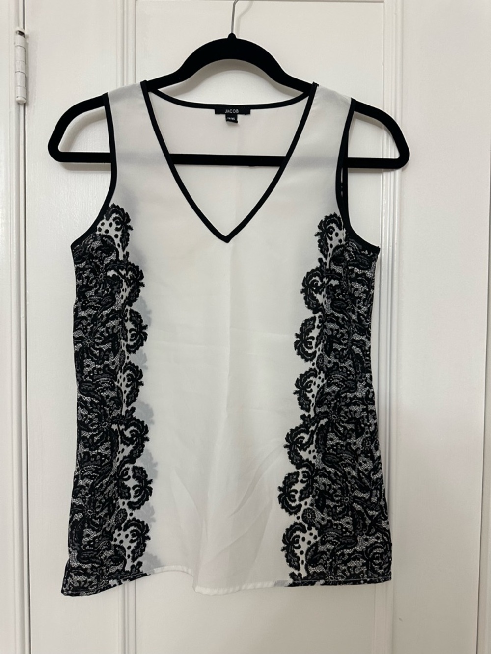 Jacob White V-Neck Sleeveless Top with Black Lace Panels